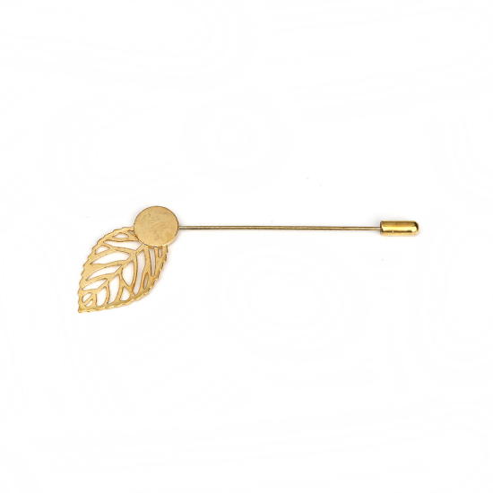 Picture of Zinc Based Alloy Cabochon Settings Pin Brooches Findings Leaf Gold Plated (Fits 9mm Dia.) 85mm x 26mm, 10 PCs