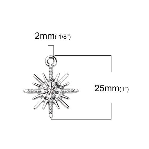 Bild von Zinklegierung Charms Stern Versilbert Transparent Strass 25mm x 21mm, 20 Stück