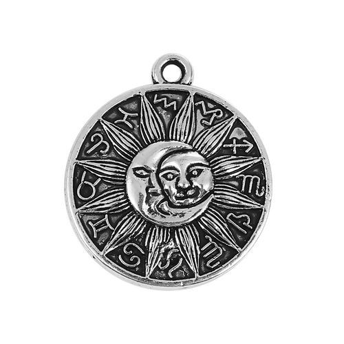 Picture of Zinc Based Alloy Boho Chic Charms Round Antique Silver Color Sun And Moon Face 29mm(1 1/8") x 25mm(1"), 20 PCs