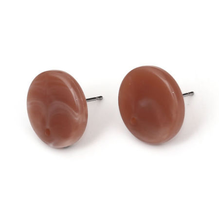 Picture of Acrylic Ear Post Stud Earrings Findings Round Light Coffee Ink Spot Pattern 16mm, Post/ Wire Size: (21 gauge), 10 PCs