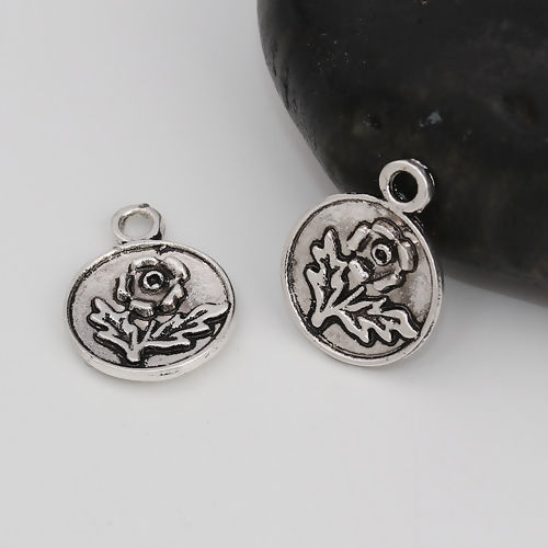 Bild von Zinklegierung Charms Rund Antiksilber Blumen 16mm x 12mm, 20 Stück