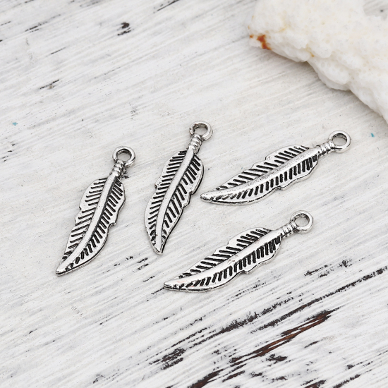 Imagen de Zamak Colgantes Pluma Plata Antigua 30mm x 7mm, 20 Unidades