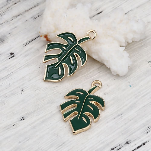 Picture of Zinc Based Alloy Charms Leaf KC Gold Plated Green Enamel 29mm(1 1/8") x 17mm( 5/8"), 5 PCs