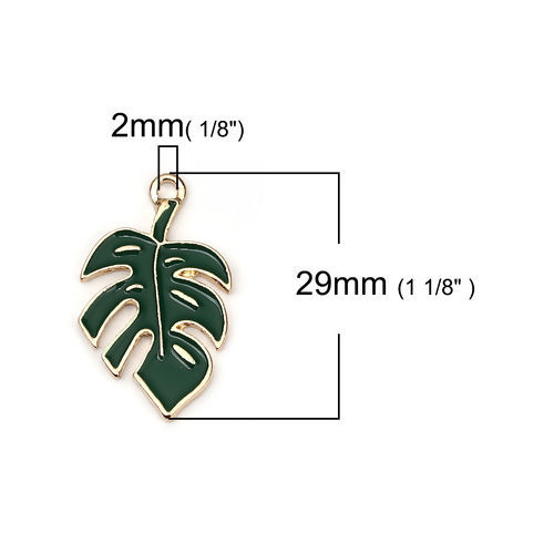 Picture of Zinc Based Alloy Charms Leaf KC Gold Plated Green Enamel 29mm(1 1/8") x 17mm( 5/8"), 5 PCs