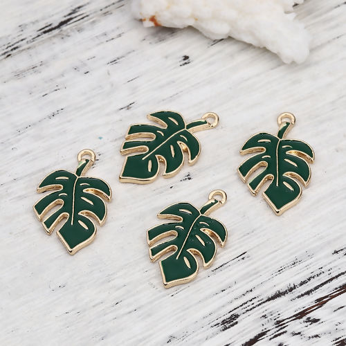 Picture of Zinc Based Alloy Charms Leaf KC Gold Plated Green Enamel 29mm(1 1/8") x 17mm( 5/8"), 5 PCs