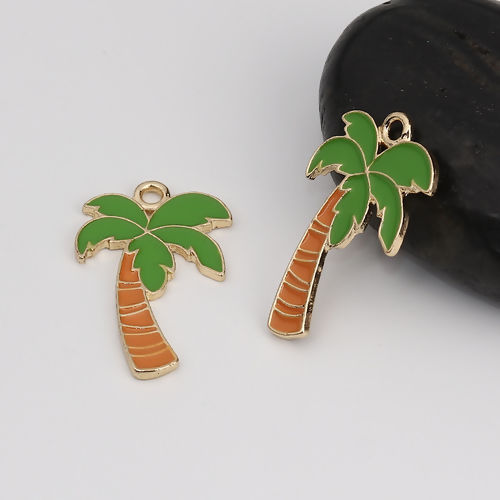 Picture of Zinc Based Alloy Pendants Coconut Tree KC Gold Plated Green Enamel 30mm(1 1/8") x 18mm( 6/8"), 5 PCs