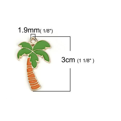 Picture of Zinc Based Alloy Pendants Coconut Tree KC Gold Plated Green Enamel 30mm(1 1/8") x 18mm( 6/8"), 5 PCs