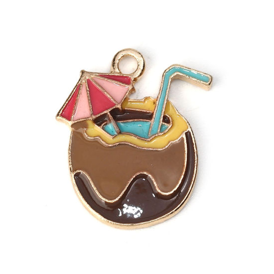 Picture of Zinc Based Alloy Charms Coconut KC Gold Plated Multicolor Umbrella Enamel 23mm( 7/8") x 20mm( 6/8"), 5 PCs