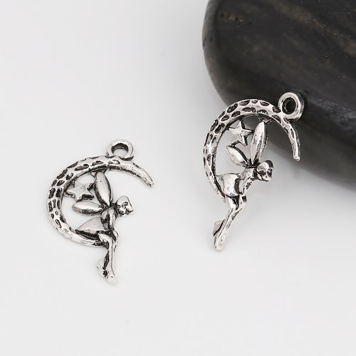 Picture of Zinc Based Alloy Fairy Tale Collection Charms Fairy Antique Silver Color Moon 25mm(1") x 15mm( 5/8"), 20 PCs
