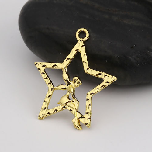 Picture of Zinc Based Alloy Fairy Tale Collection Charms 18K Gold Color Fairy Pentagram Star 28mm x 24mm, 10 PCs