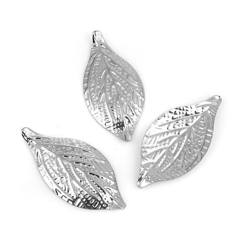 Picture of Iron Based Alloy Embellishments Leaf Silver Tone 32mm(1 2/8") x 15mm( 5/8"), 100 PCs