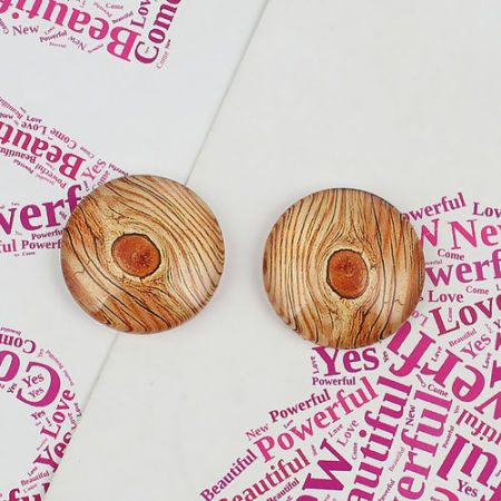 Picture of Glass Dome Seals Cabochon Round Flatback Brown Yellow Tree Pattern 20mm( 6/8") Dia, 30 PCs