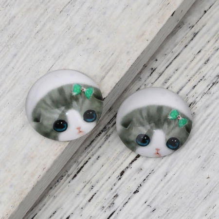 Picture of Glass Dome Seals Cabochon Round Flatback Gray Cat Pattern 20mm( 6/8") Dia, 30 PCs