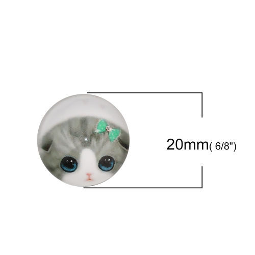 Изображение Стеклянные Газоплотный Кабошон Круглые, Серый с узором Кошка 20мм диаметр, 30 ШТ