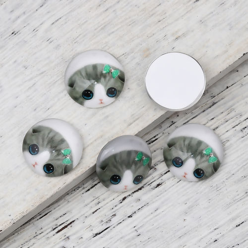 Picture of Glass Dome Seals Cabochon Round Flatback Gray Cat Pattern 20mm( 6/8") Dia, 30 PCs