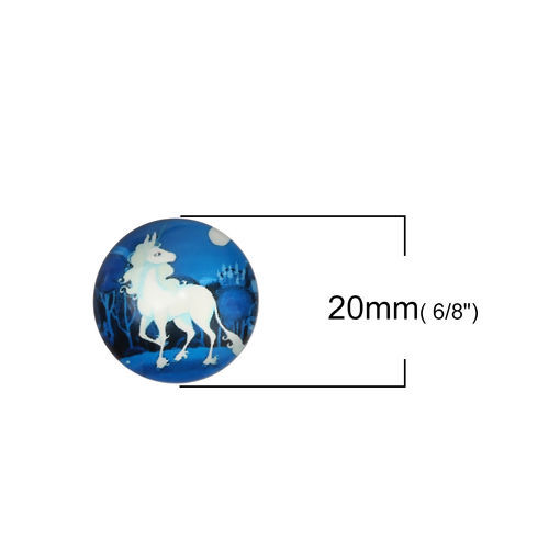 Picture of Glass Dome Seals Cabochon Round Flatback White & Blue Horse Pattern 20mm( 6/8") Dia, 30 PCs