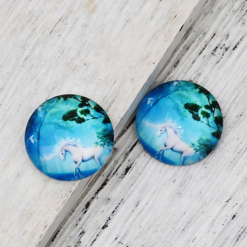 Picture of Glass Dome Seals Cabochon Round Flatback Green Blue Horse Pattern 20mm( 6/8") Dia, 30 PCs