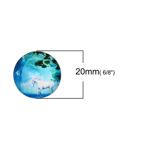 Изображение Стеклянные Газоплотный Кабошон Круглые, Сине-зеленые с узором Лошадь 20мм диаметр, 30 ШТ