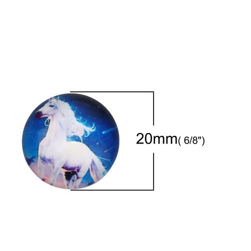Изображение Стеклянные Газоплотный Кабошон Лошадь, Белый & Синий с узором Круглые 20мм диаметр, 30 ШТ