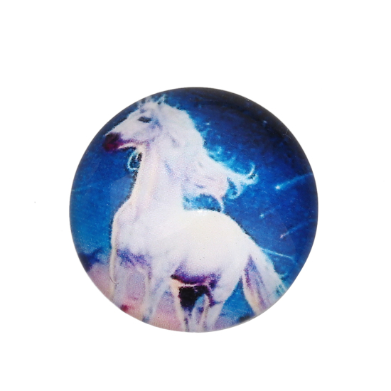 Picture of Glass Dome Seals Cabochon Horse Flatback White & Blue Round 20mm( 6/8") Dia, 30 PCs
