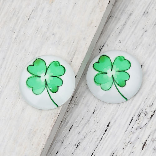 Picture of Glass Dome Seals Cabochon Round Flatback Green Four Leaf Clover Pattern 20mm( 6/8") Dia, 30 PCs