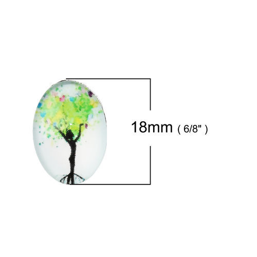 Picture of Glass Dome Seals Cabochon Oval Flatback Green Tree Pattern 18mm( 6/8") x 13mm( 4/8"), 30 PCs