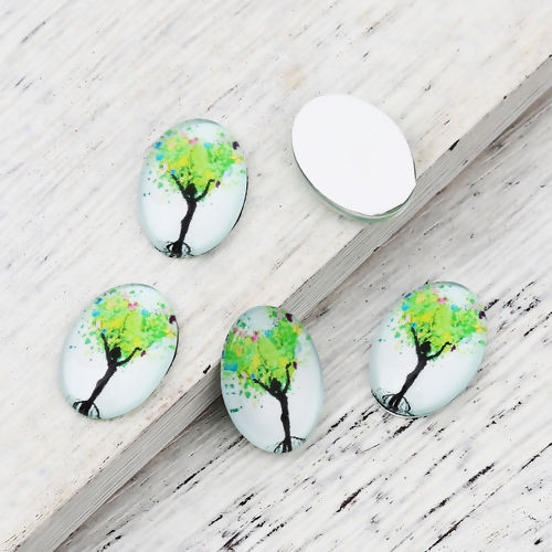 Picture of Glass Dome Seals Cabochon Oval Flatback Green Tree Pattern 18mm( 6/8") x 13mm( 4/8"), 30 PCs