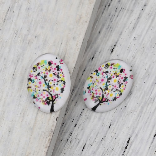 Picture of Glass Dome Seals Cabochon Oval Flatback Multicolor Tree Pattern 18mm( 6/8") x 13mm( 4/8"), 30 PCs