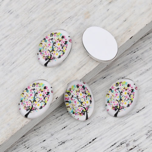 Picture of Glass Dome Seals Cabochon Oval Flatback Multicolor Tree Pattern 18mm( 6/8") x 13mm( 4/8"), 30 PCs