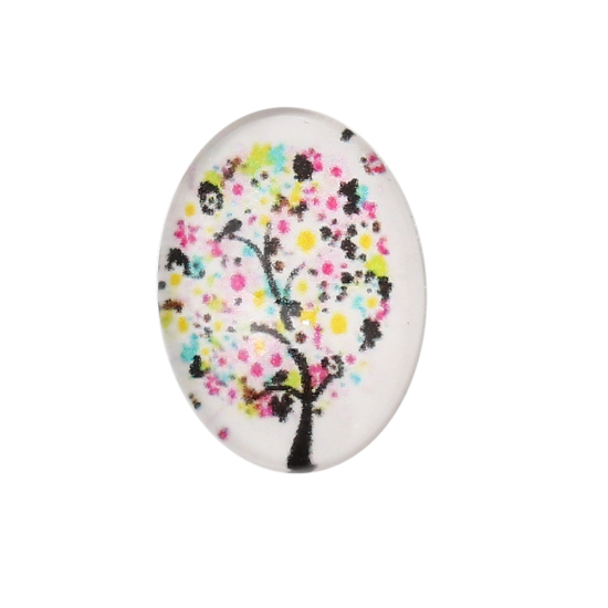 Picture of Glass Dome Seals Cabochon Oval Flatback Multicolor Tree Pattern 18mm( 6/8") x 13mm( 4/8"), 30 PCs