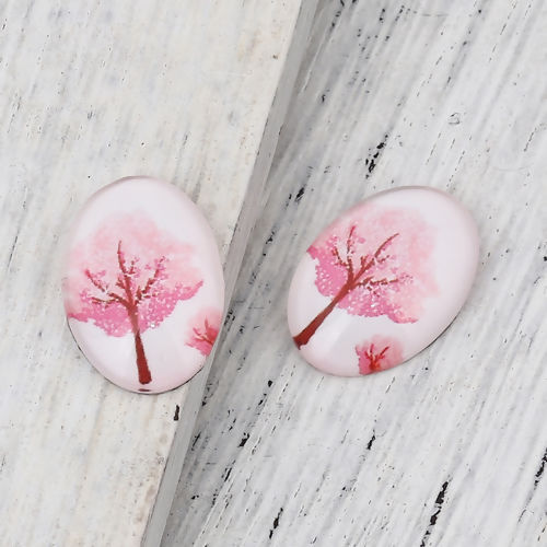 Picture of Glass Dome Seals Cabochon Oval Flatback Pink Tree Pattern 18mm( 6/8") x 13mm( 4/8"), 30 PCs