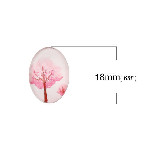 Picture of Glass Dome Seals Cabochon Oval Flatback Pink Tree Pattern 18mm( 6/8") x 13mm( 4/8"), 30 PCs