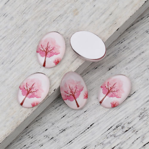 Picture of Glass Dome Seals Cabochon Oval Flatback Pink Tree Pattern 18mm( 6/8") x 13mm( 4/8"), 30 PCs