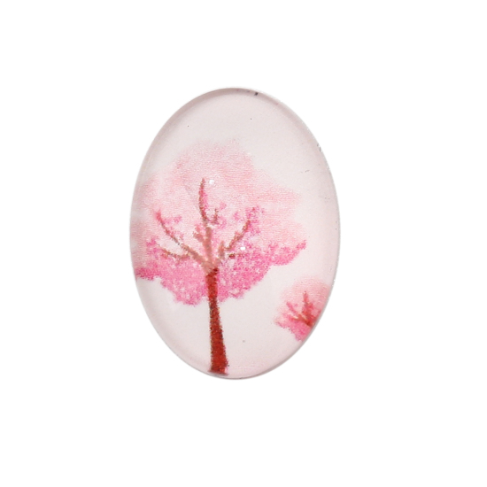 Picture of Glass Dome Seals Cabochon Oval Flatback Pink Tree Pattern 18mm( 6/8") x 13mm( 4/8"), 30 PCs