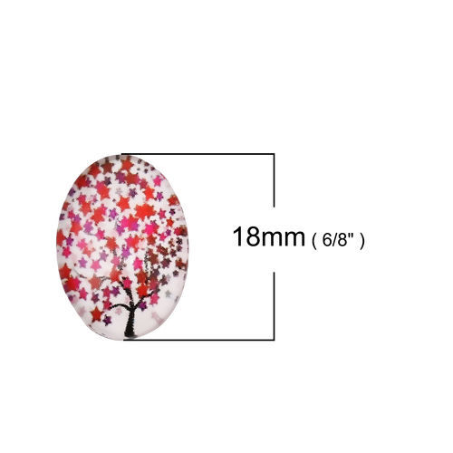 Picture of Glass Dome Seals Cabochon Oval Flatback Red Tree Pattern 18mm( 6/8") x 13mm( 4/8"), 30 PCs