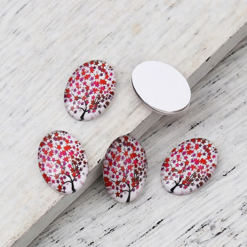 Picture of Glass Dome Seals Cabochon Oval Flatback Red Tree Pattern 18mm( 6/8") x 13mm( 4/8"), 30 PCs