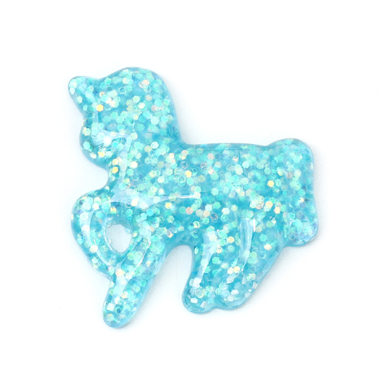 Picture of Resin Dome Seals Cabochon Horse Blue AB Rainbow Color Glitter Round Pattern Sequins 36mm(1 3/8") x 34mm(1 3/8"), 10 PCs