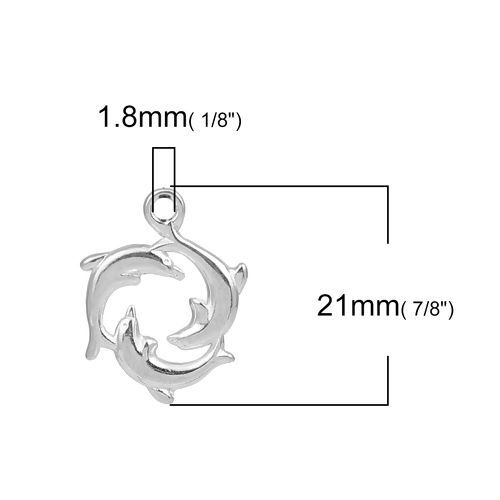 Picture of Zinc Based Alloy Ocean Jewelry Charms Dolphin Animal Silver Plated 21mm( 7/8") x 16mm( 5/8"), 30 PCs