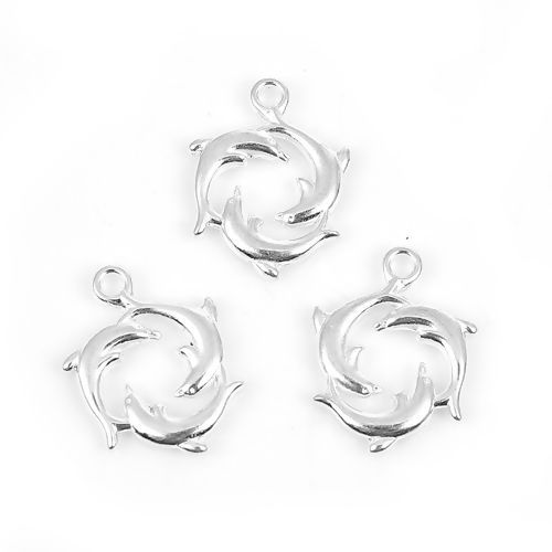 Picture of Zinc Based Alloy Ocean Jewelry Charms Dolphin Animal Silver Plated 21mm( 7/8") x 16mm( 5/8"), 30 PCs