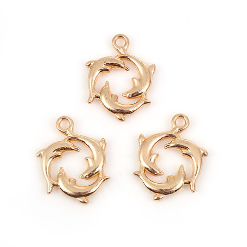 Picture of Zinc Based Alloy Ocean Jewelry Charms Dolphin Animal Gold Plated 21mm( 7/8") x 16mm( 5/8"), 30 PCs