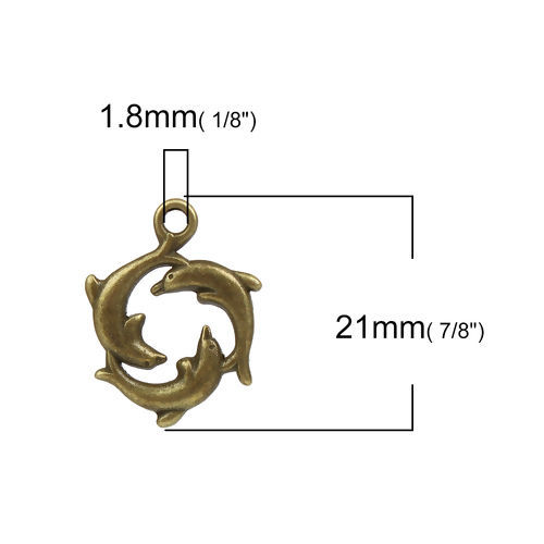 Picture of Zinc Based Alloy Ocean Jewelry Charms Dolphin Animal Antique Bronze 21mm( 7/8") x 16mm( 5/8"), 30 PCs