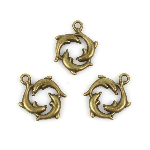 Picture of Zinc Based Alloy Ocean Jewelry Charms Dolphin Animal Antique Bronze 21mm( 7/8") x 16mm( 5/8"), 30 PCs