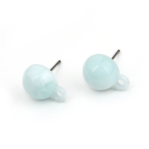 Picture of Resin Ear Post Stud Earrings Findings Round Light Blue W/ Loop 13mm x 10mm, Post/ Wire Size: (21 gauge), 10 PCs