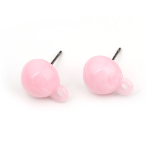 Picture of Resin Ear Post Stud Earrings Findings Round Pink W/ Loop 13mm x 10mm, Post/ Wire Size: (21 gauge), 10 PCs