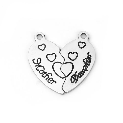 Picture of 201 Stainless Steel Charms Broken Heart Silver Tone Message " Mother & Daughter " 25mm x12mm(1" x 4/8") 24mm x13mm(1" x 4/8"), 1 Set(2 PCs/Set)