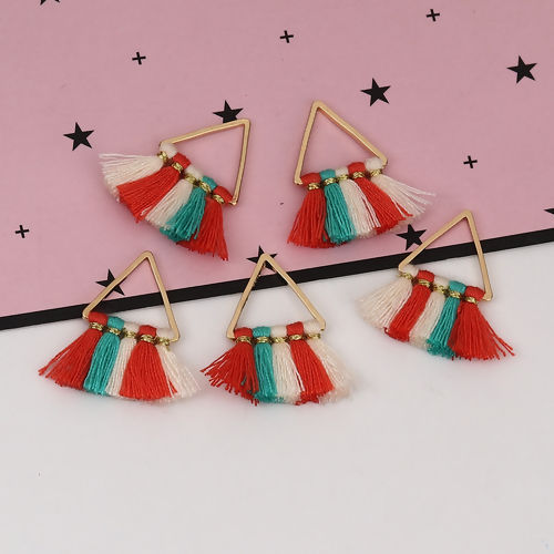 Picture of Zinc Based Alloy & Cotton Charms Tassel Triangle Gold Plated Multicolor About 25mm x25mm(1" x1") - 23mm x20mm( 7/8" x 6/8"), 3 PCs
