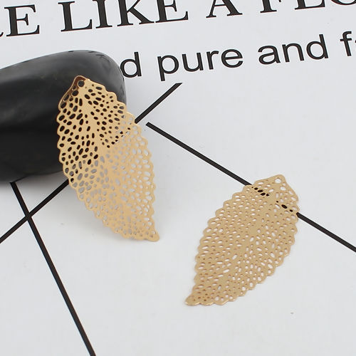 Picture of Iron Based Alloy Pendants Leaf KC Gold Plated Filigree Stamping 36mm x 17mm, 10 PCs