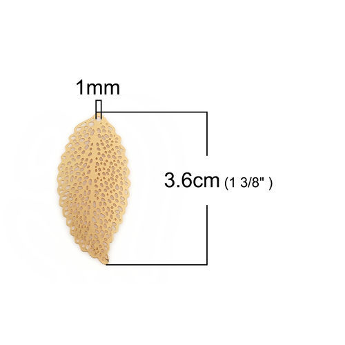 Picture of Iron Based Alloy Pendants Leaf KC Gold Plated Filigree Stamping 36mm x 17mm, 10 PCs