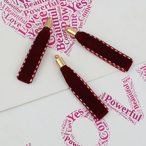 Bild von Veloursamt Anhänger Rechteck Vergoldet Rotweinfarben 5cm x1cm - 4.7cm x1cm, 10 Stück