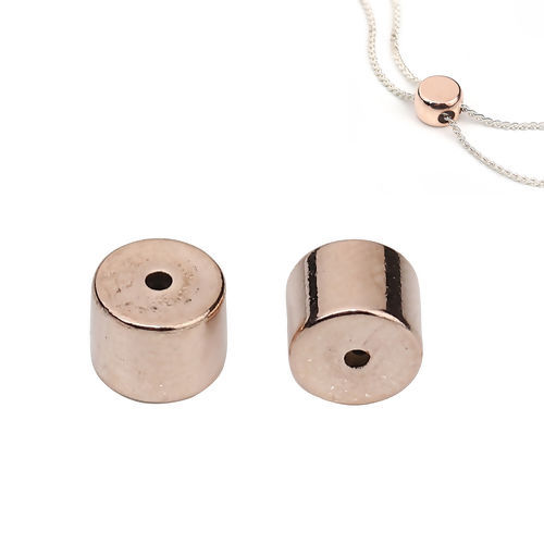 Picture of Brass Slider Clasp Beads Cylinder Rose Gold With Adjustable Silicone Core 5mm( 2/8") x 4mm( 1/8"), Hole: 0.7mm, 5 PCs                                                                                                                                         